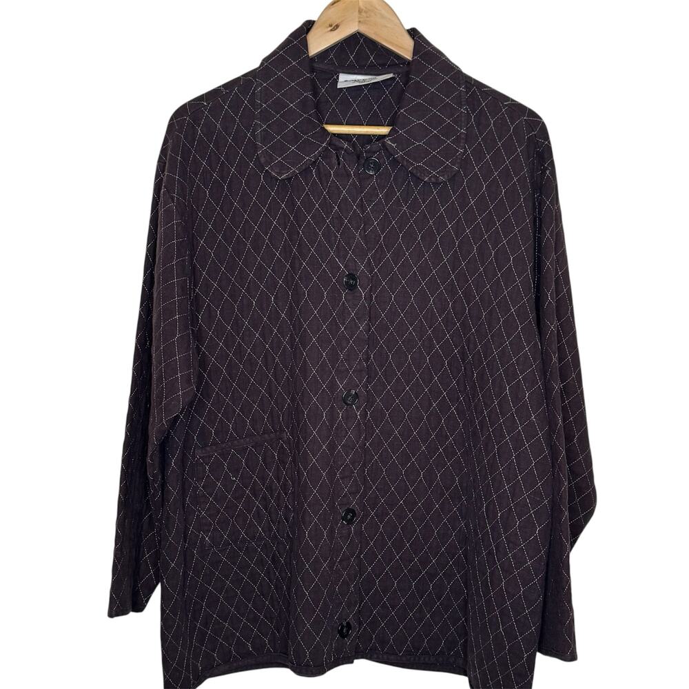 Aly Wear Brown Quilted Button Front Lagenlook Linen Jacket Made in Pennsylvania